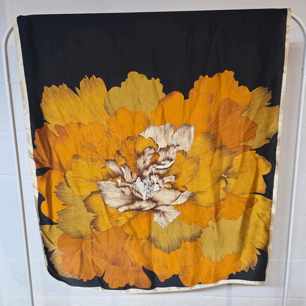 Vintage Large Rectangle Scarf Black Yellow Orange Floral Bloom Retro 70s Boho